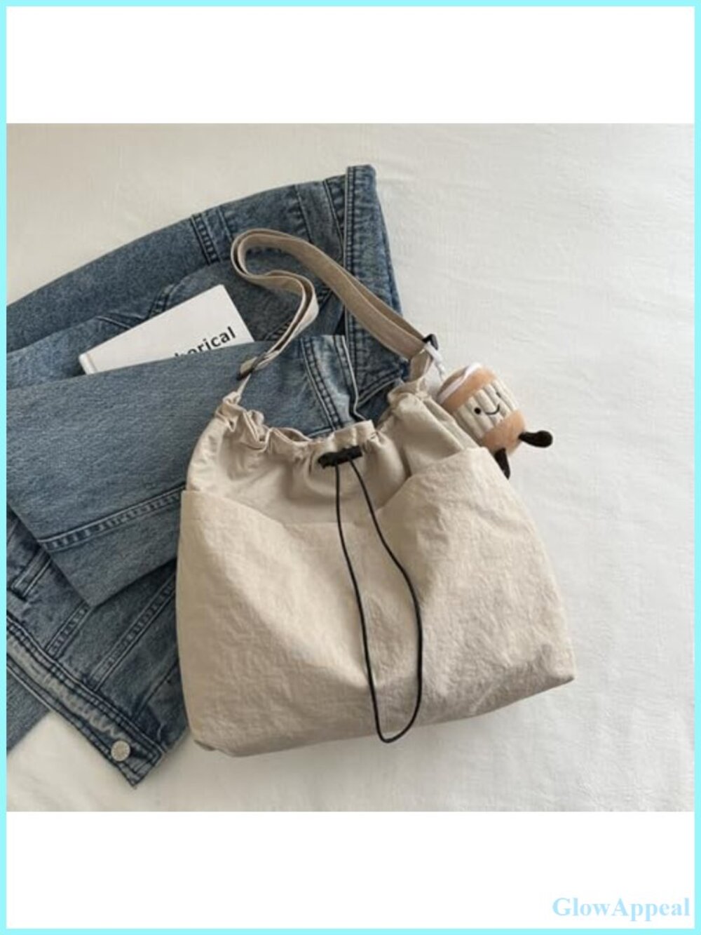 Canvas Crossbody Bag Drawstring Tote with Back Zipper Pocket Casual